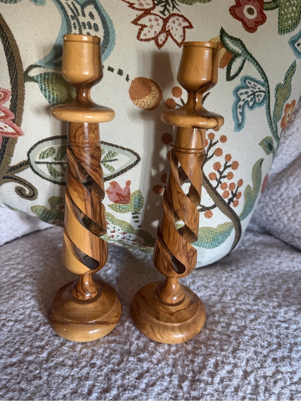 Vintage MCM Hand-Carved Wood Spiral Candlestick Holders